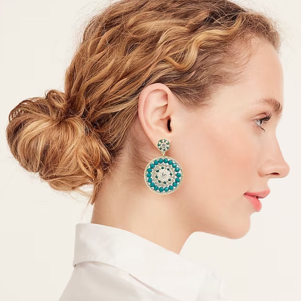 NWT J.Crew Beaded Circle Statement Earrings, Gold, Turquoise Green Color